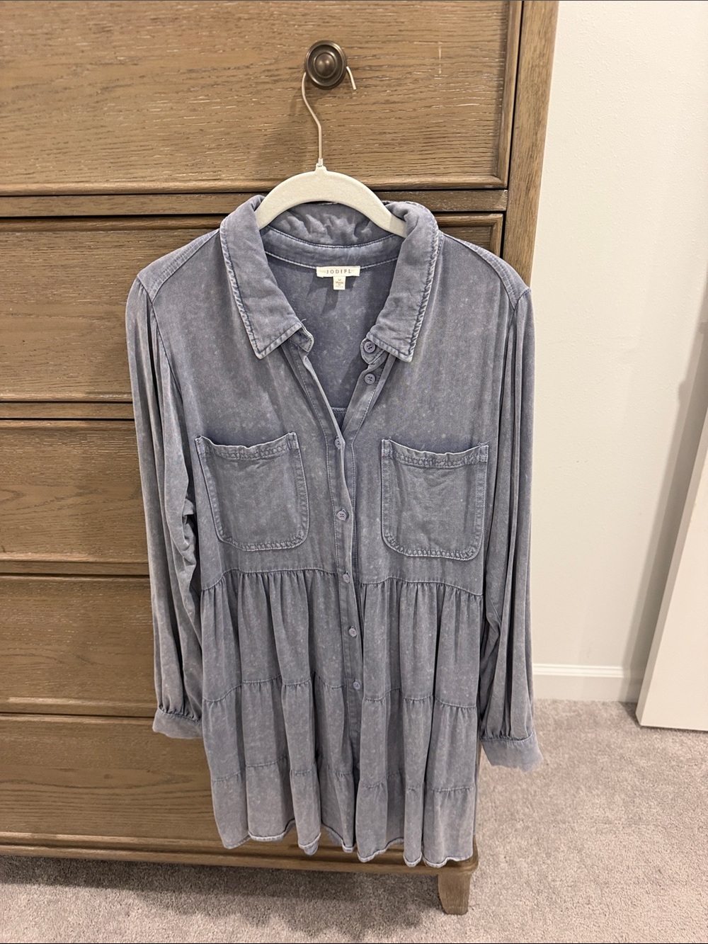 JODIFL Washed Blue Long-Sleeve Tiered Button Dress